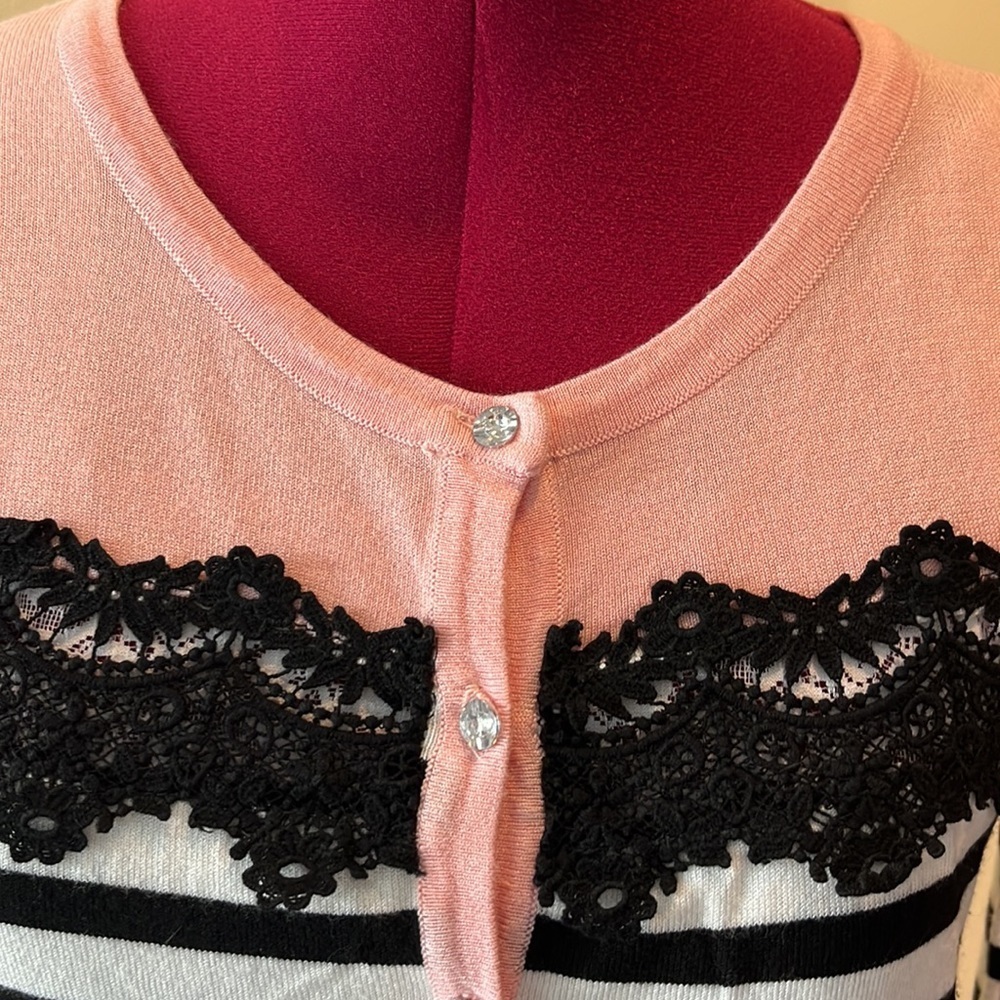 Gran Oriente NWOT French design stripe sweater cardigan size S Pink black ivory - Picture 6 of 7